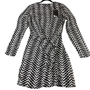 The Kooples Black White Zigzag Print Ruched Mini Dress Long Sleeve Viscose Small
